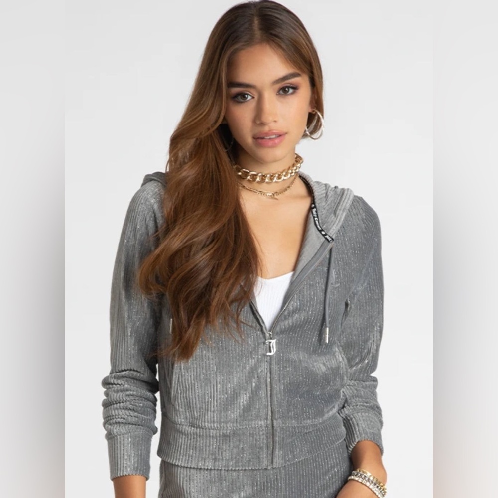 Juicy Couture Grey Silver Zip Up velour Hoodie size small shimmer shimmery